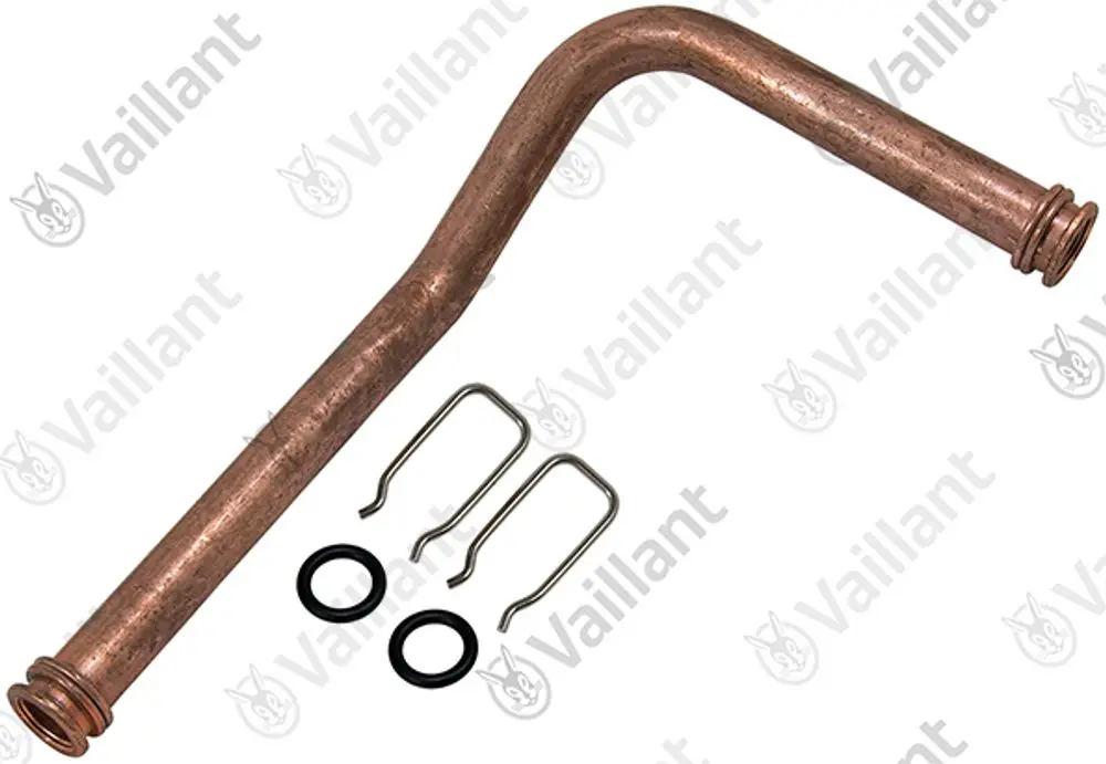 Kupferrohr von Vaillant mit gebogenem Design, begleitet von zwei schwarzen Dichtungsringen und zwei Sicherungsclips.